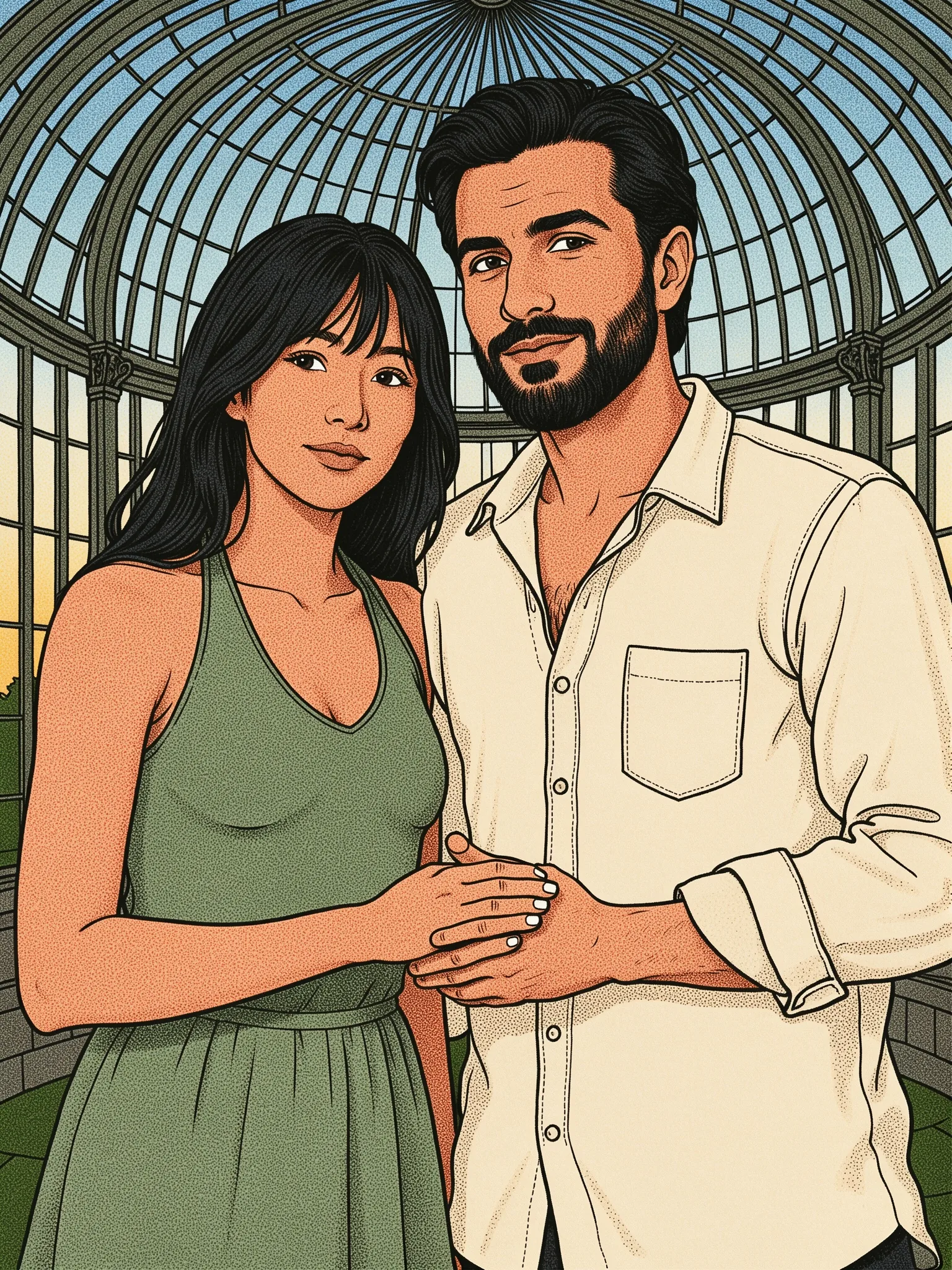 Illustrazione a inchiostro di una donna in un abito con allacciatura al collo verde salvia e di un uomo barbuto in camicia color crema che si tengono per mano sotto la cupola di una serra
