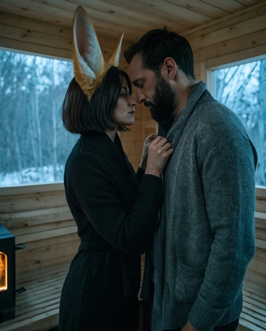 A woman with fox ears straightening the collar of a bearded man in a grey cardigan in a cedar sauna lounge