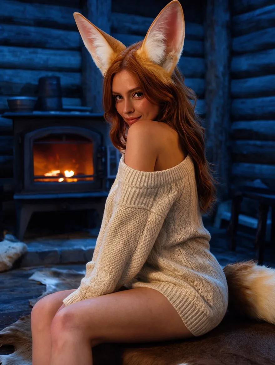 A woman with fennec fox ears and long auburn hair in an off-shoulder knit dress sitting on a reindeer hide by a wood stove