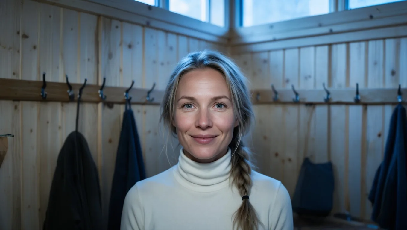 A smiling woman with a blonde braid in a cream turtleneck in a wide sauna changing room with coats on hooks