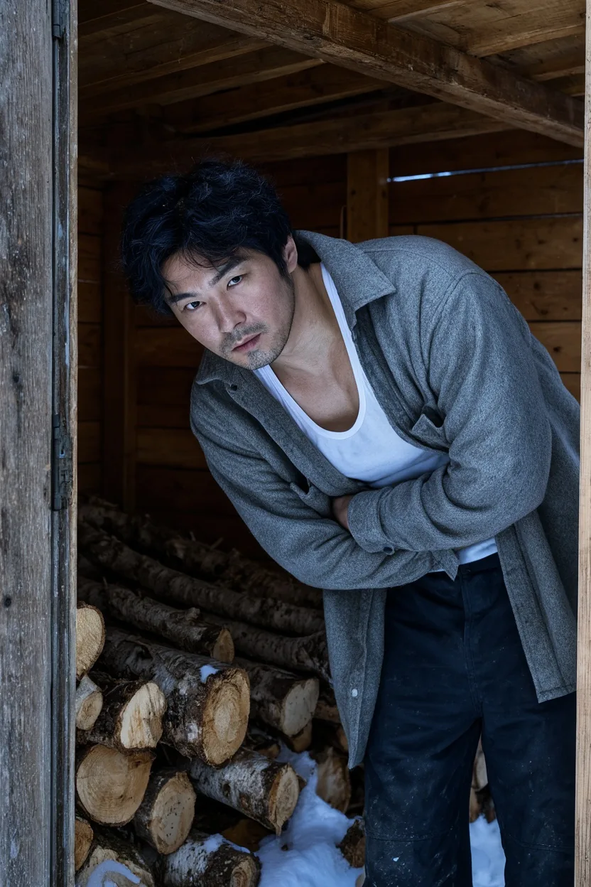 A man with tousled black hair in an open grey overshirt leaning in the doorway of a snowy woodshed with folded arms