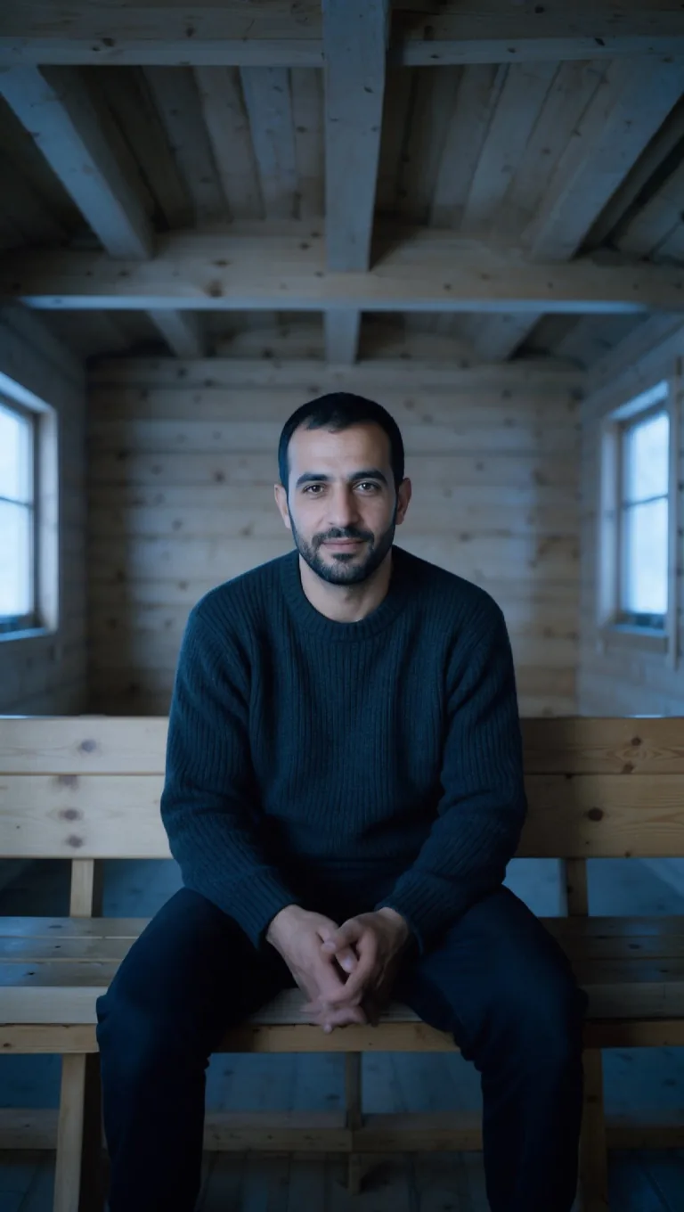 A bearded man in a navy sweater sitting on a pine bench in a tall timber cabin room