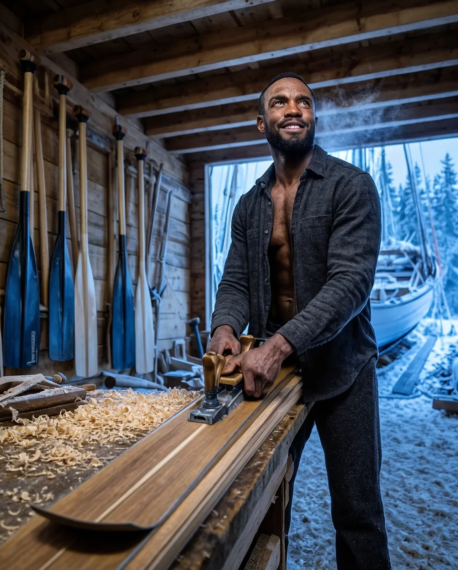 Un uomo barbuto in una camicia di flanella antracite aperta che leviga uno sci di legno su un banco da lavoro in un capanno per barche innevato