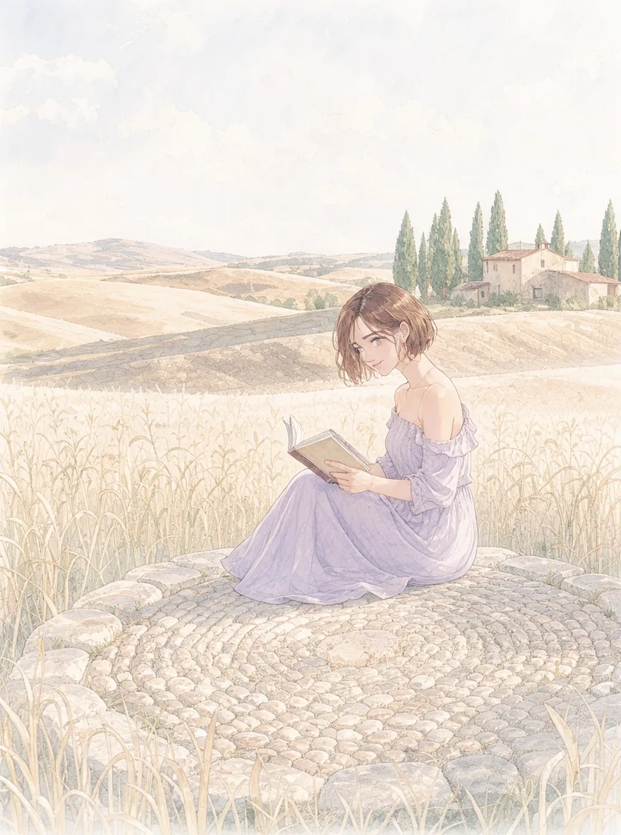 Pastel illustration of a woman with a chestnut bob in a lilac off-the-shoulder dress reading on a round stone threshing floor in a wheat field