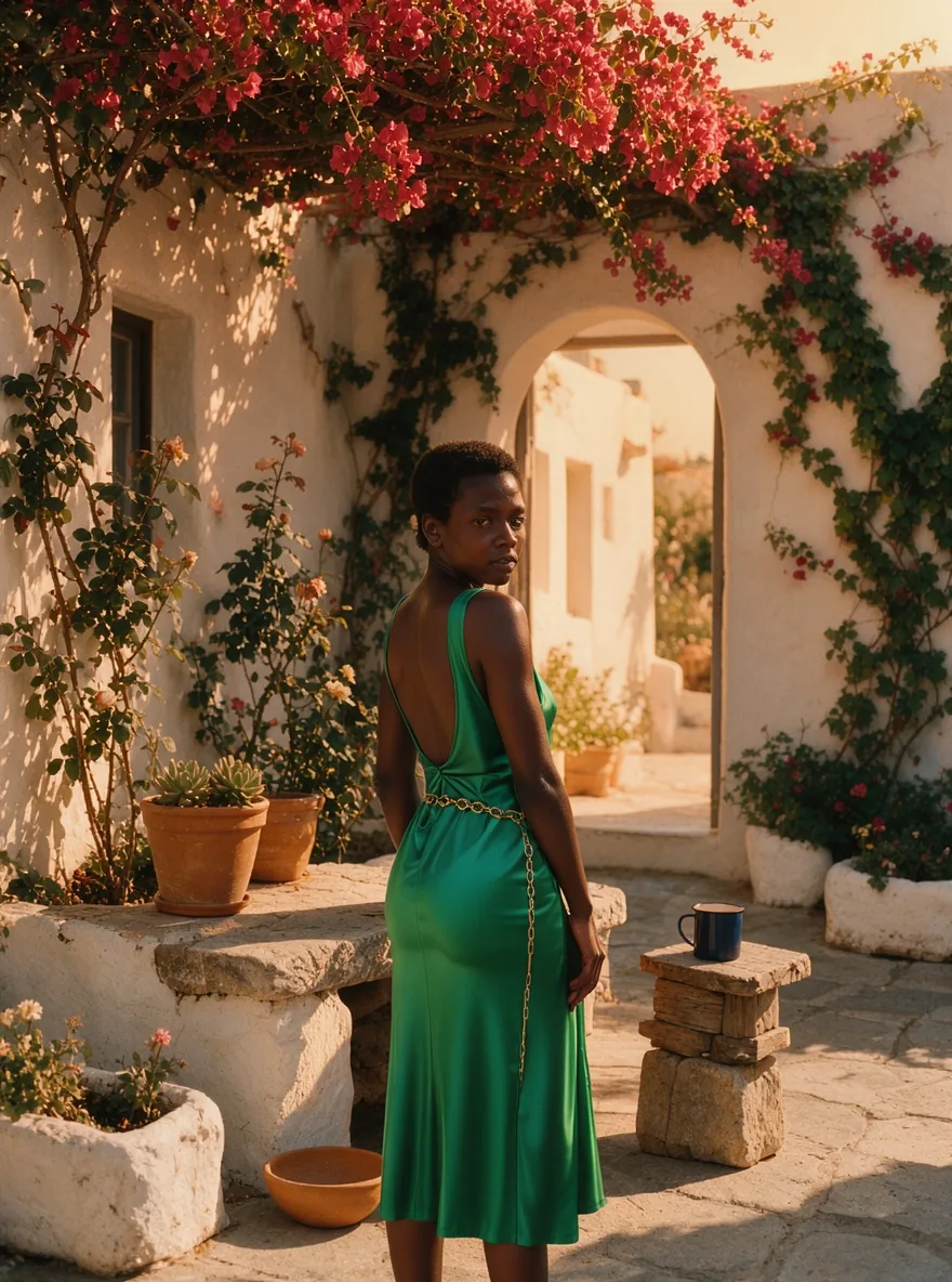 A woman with short natural hair in a backless emerald silk dress looking back over her shoulder in a whitewashed courtyard under bougainvillea