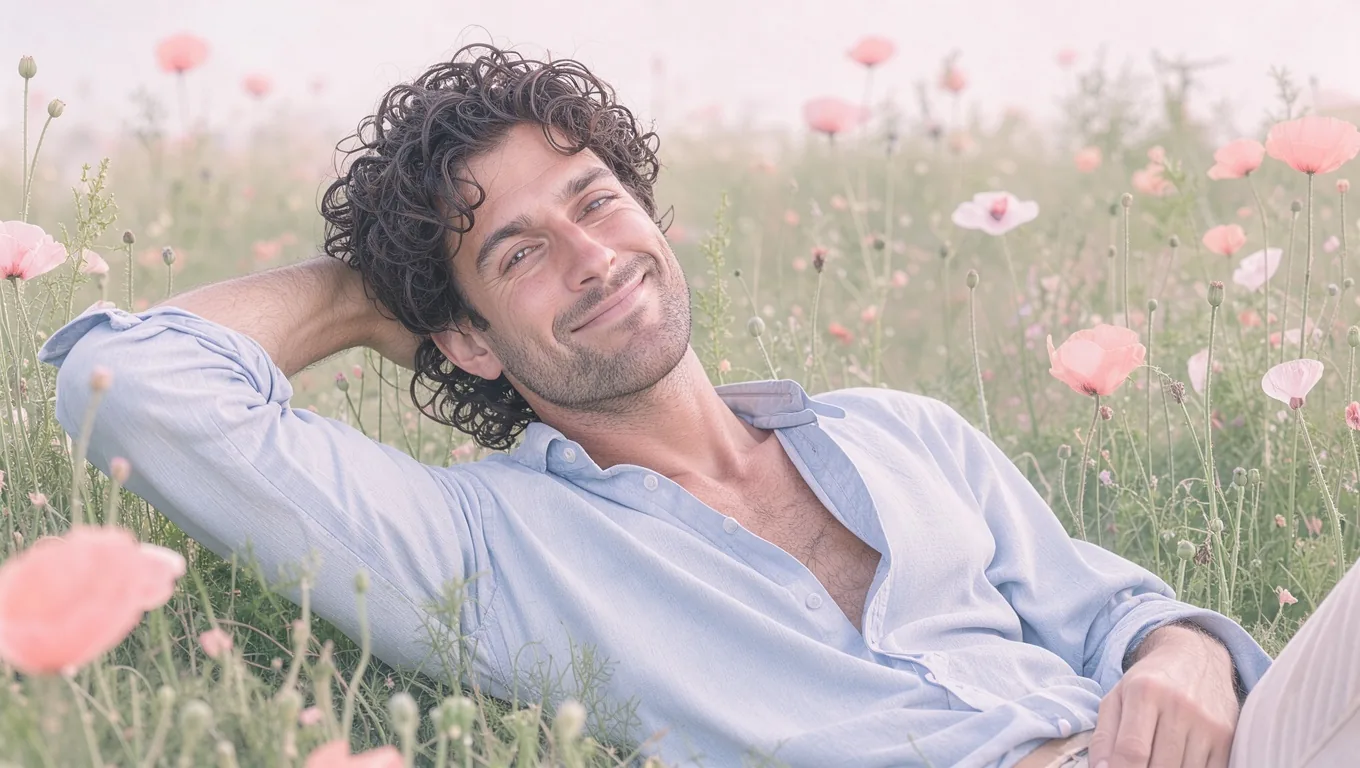 A curly-haired man in a loose powder-blue shirt lying back in a meadow of wild fennel and poppies