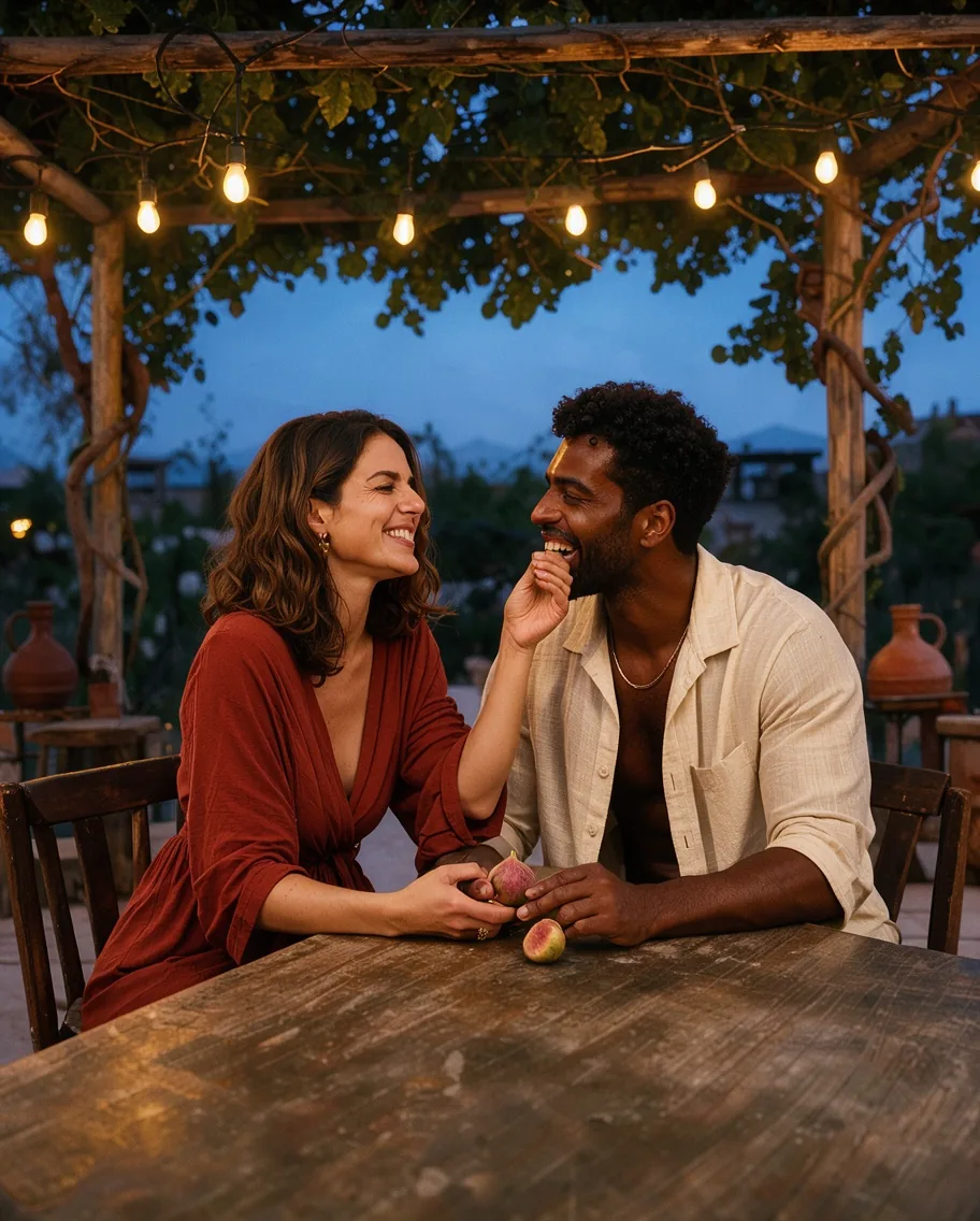 A woman in a rust-red wrap dress feeding a fig to a man in an open cream shirt at a rustic table under a vine pergola at dusk