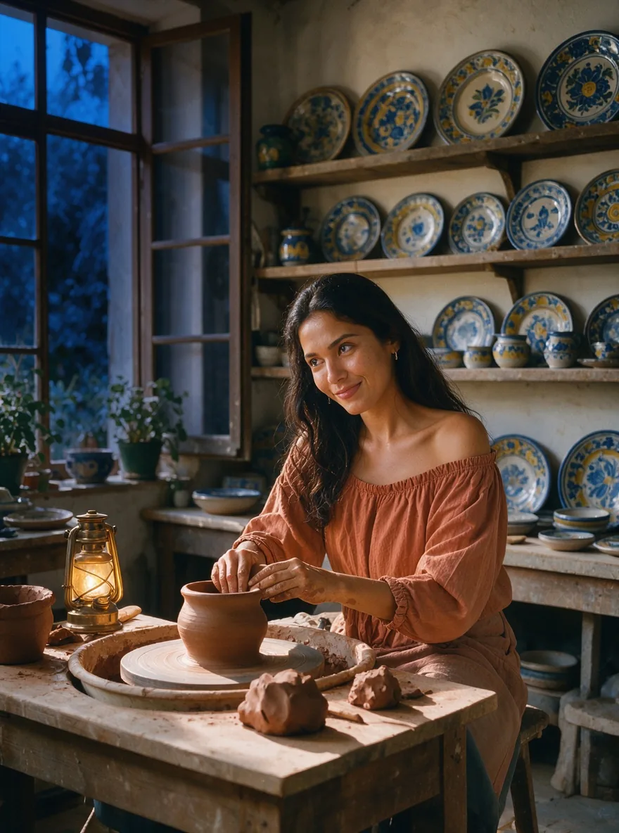 Una donna con una blusa terracotta con le spalle scoperte al tornio in un laboratorio di ceramica all’ora blu, con una lanterna d’ottone accanto a lei