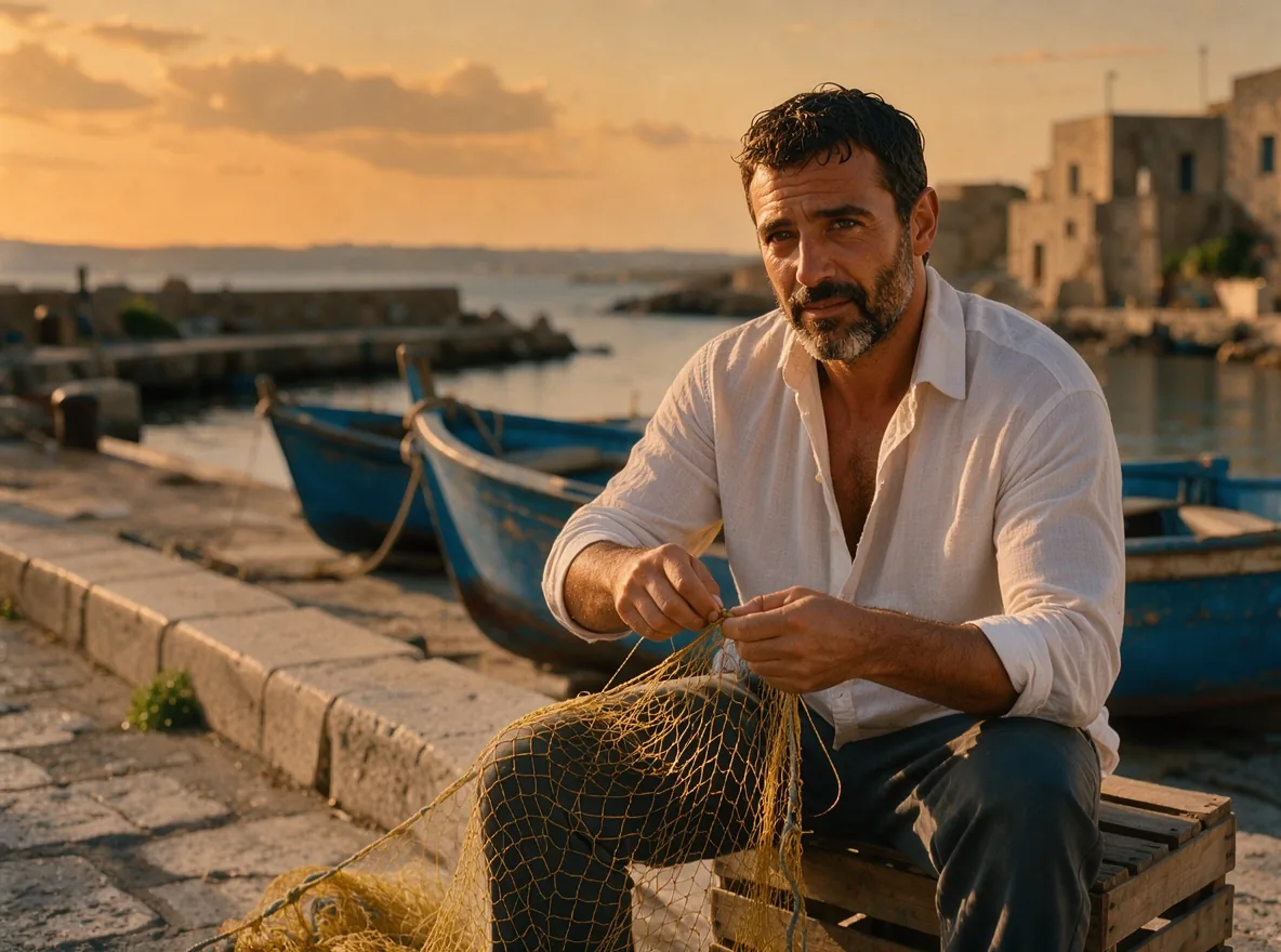 Un uomo barbuto con una camicia di lino bianca aperta che ripara una rete da pesca su un molo di pietra al tramonto