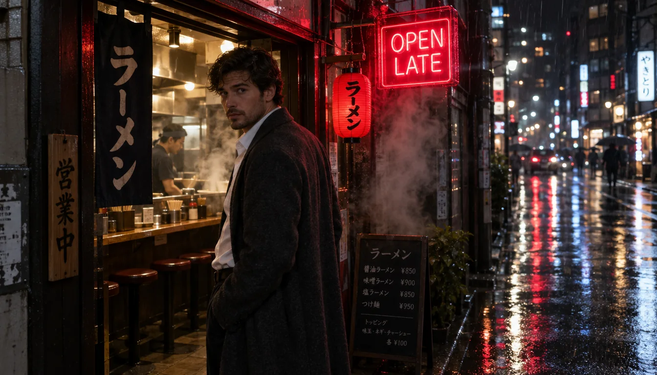 Un uomo in cappotto antracite e camicia bianca aperta sulla soglia di un piccolo ramen bar in una notte di pioggia, accanto a lui un’insegna al neon rossa OPEN LATE