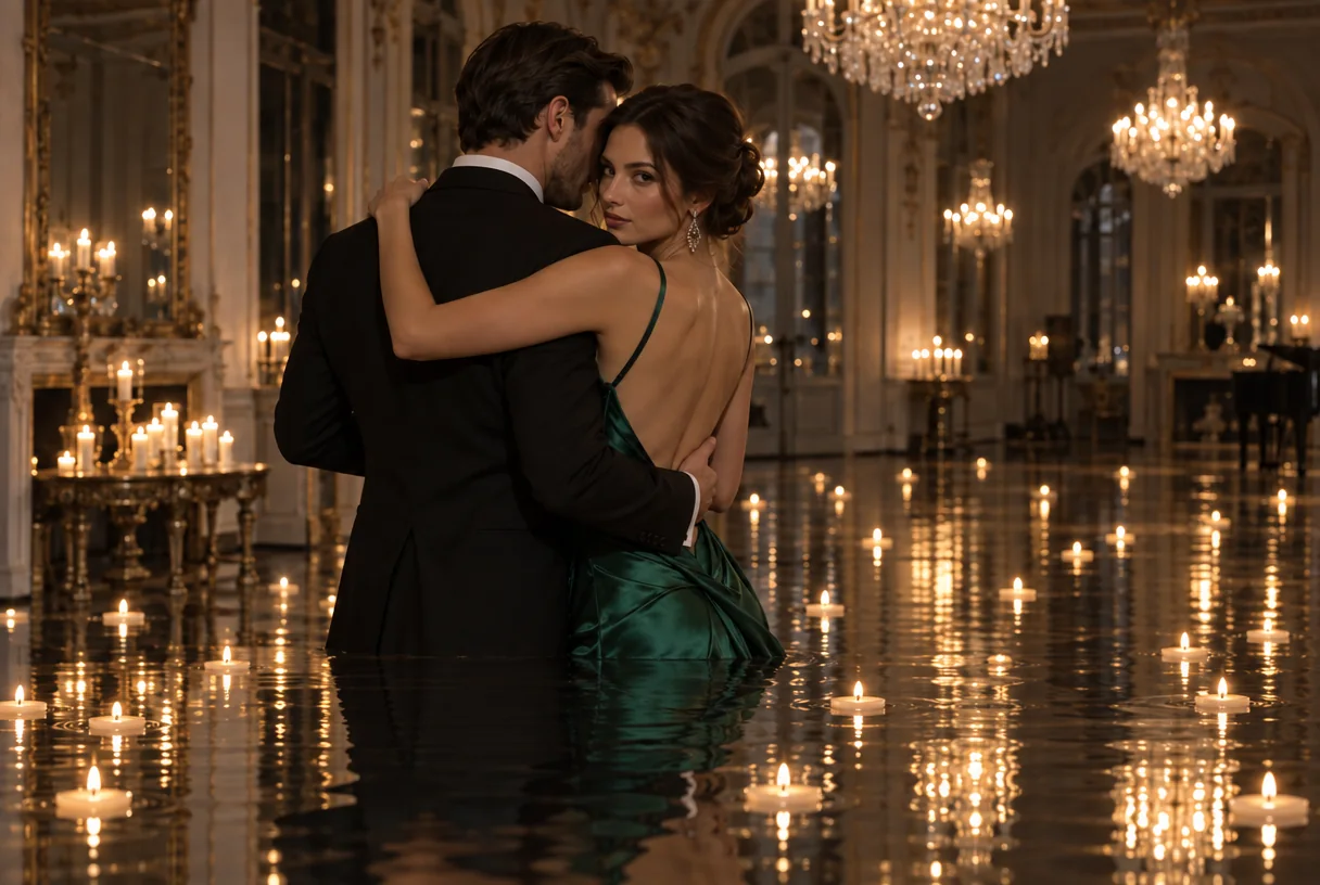 La sala da ballo a lume di candela con il pavimento trasformato in uno specchio d’acqua ferma con candele galleggianti che riflette la coppia che balla