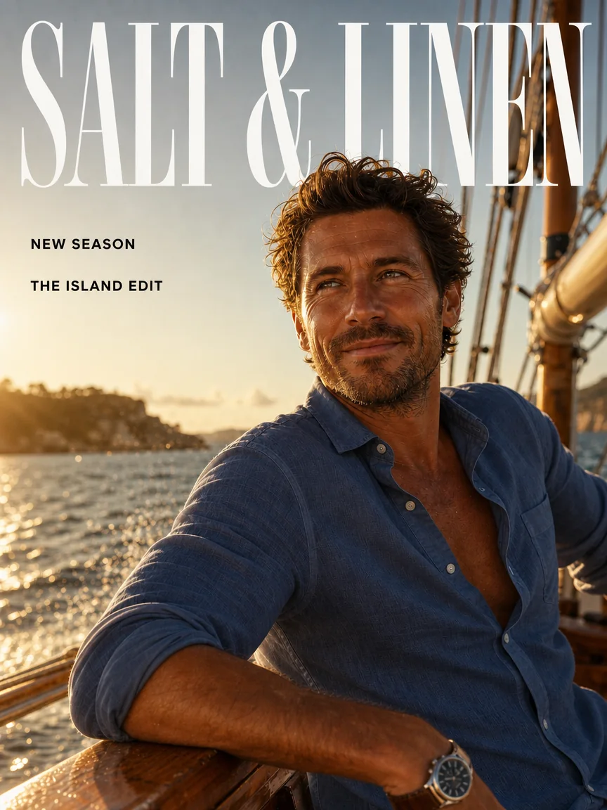Dasselbe Cover mit dem neuen Titel SALT & LINEN und den Zeilen NEW SEASON und THE ISLAND EDIT, der Mann jetzt im marineblauen Leinenhemd
