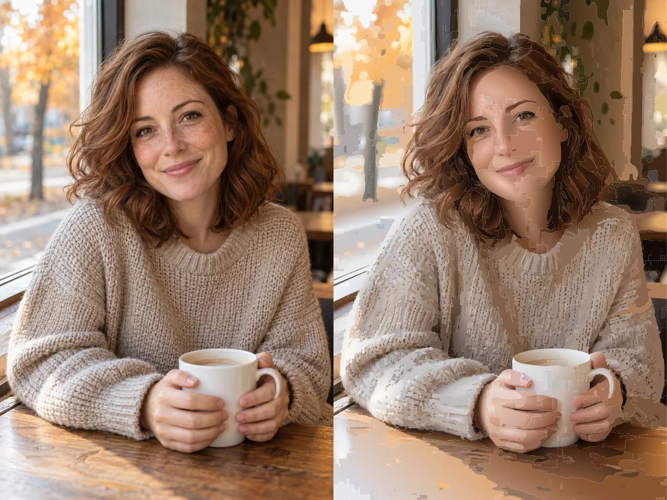 À gauche : la photo originale du café. À droite : aperçu du rendu du SVG vectorisé avec detail_level detailed.