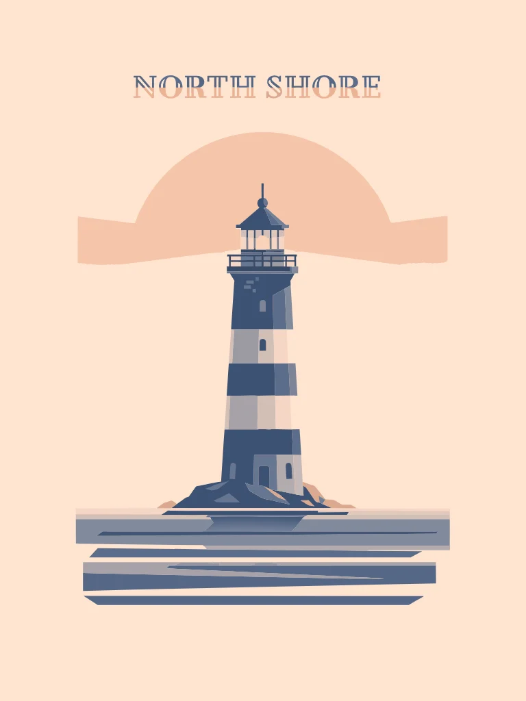 Aperçu du rendu d’une affiche de phare portant le titre NORTH SHORE, générée avec quality medium.