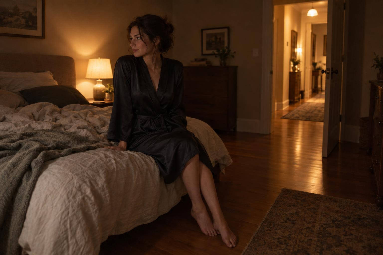 A woman in a dark silk robe sitting on the edge of an unmade bed by lamplight, an open doorway behind her