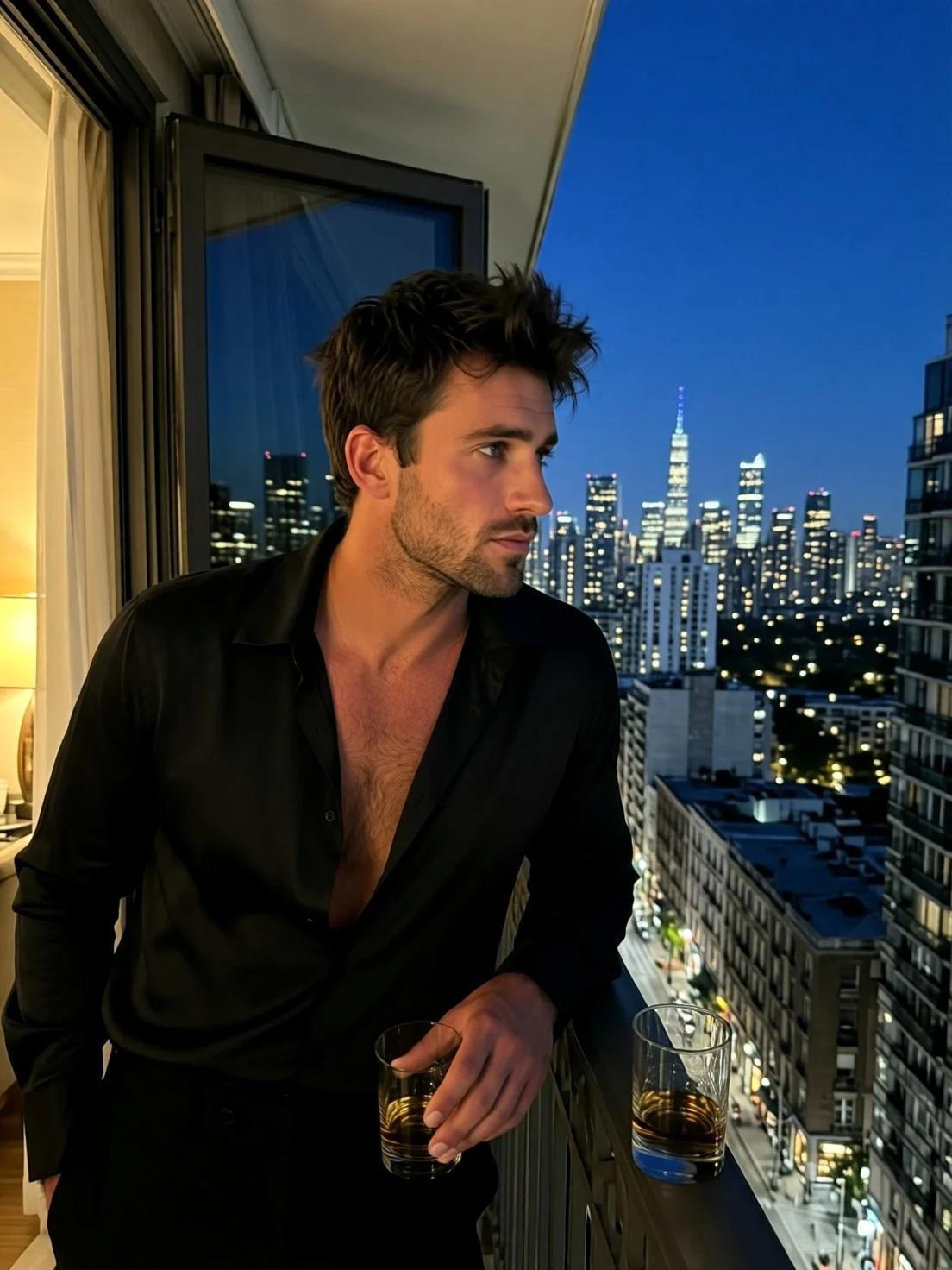 Un uomo con una camicia nera aperta su un balcone cittadino di notte, di profilo, con un bicchiere in mano