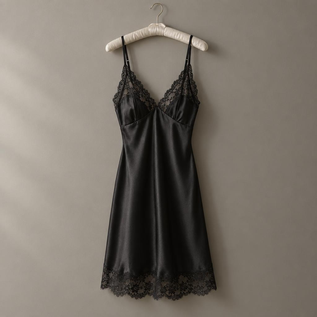 A black satin slip with lace trim on a hanger against a grey wall