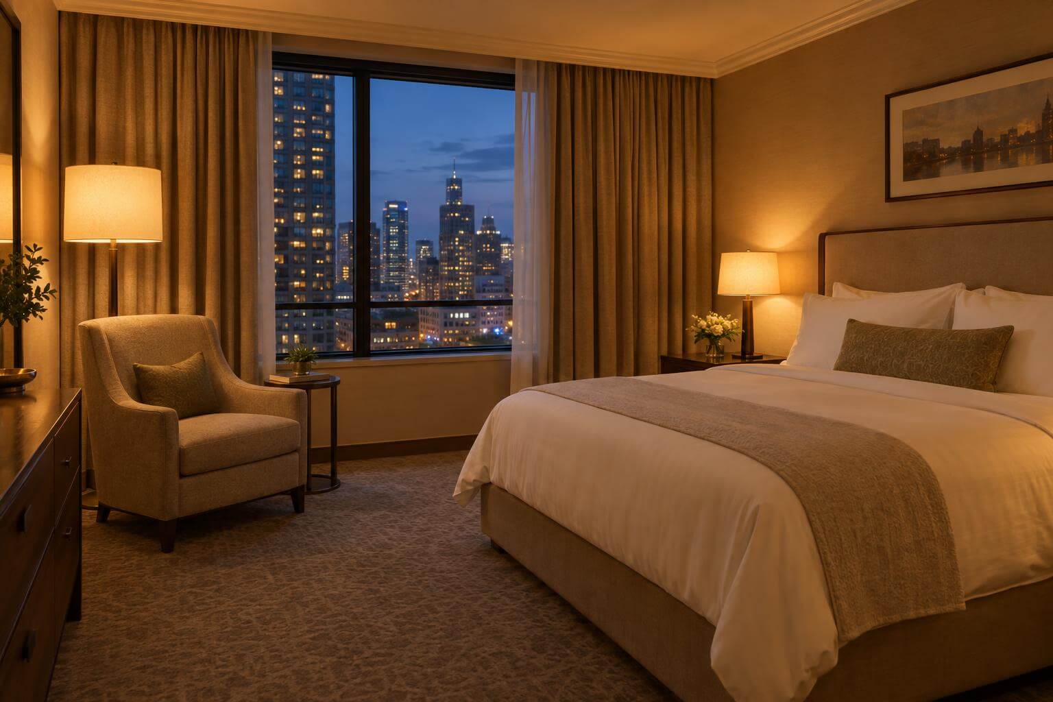 A hotel room at night: a bed, an armchair and a window onto a city skyline