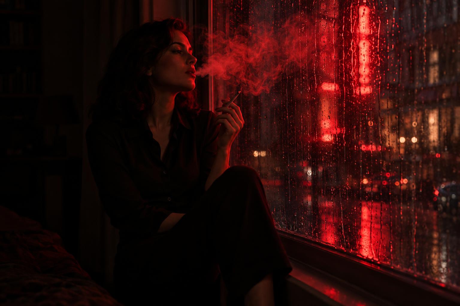 A woman seated at a rain-streaked window at night, exhaling smoke, a red neon sign glowing outside