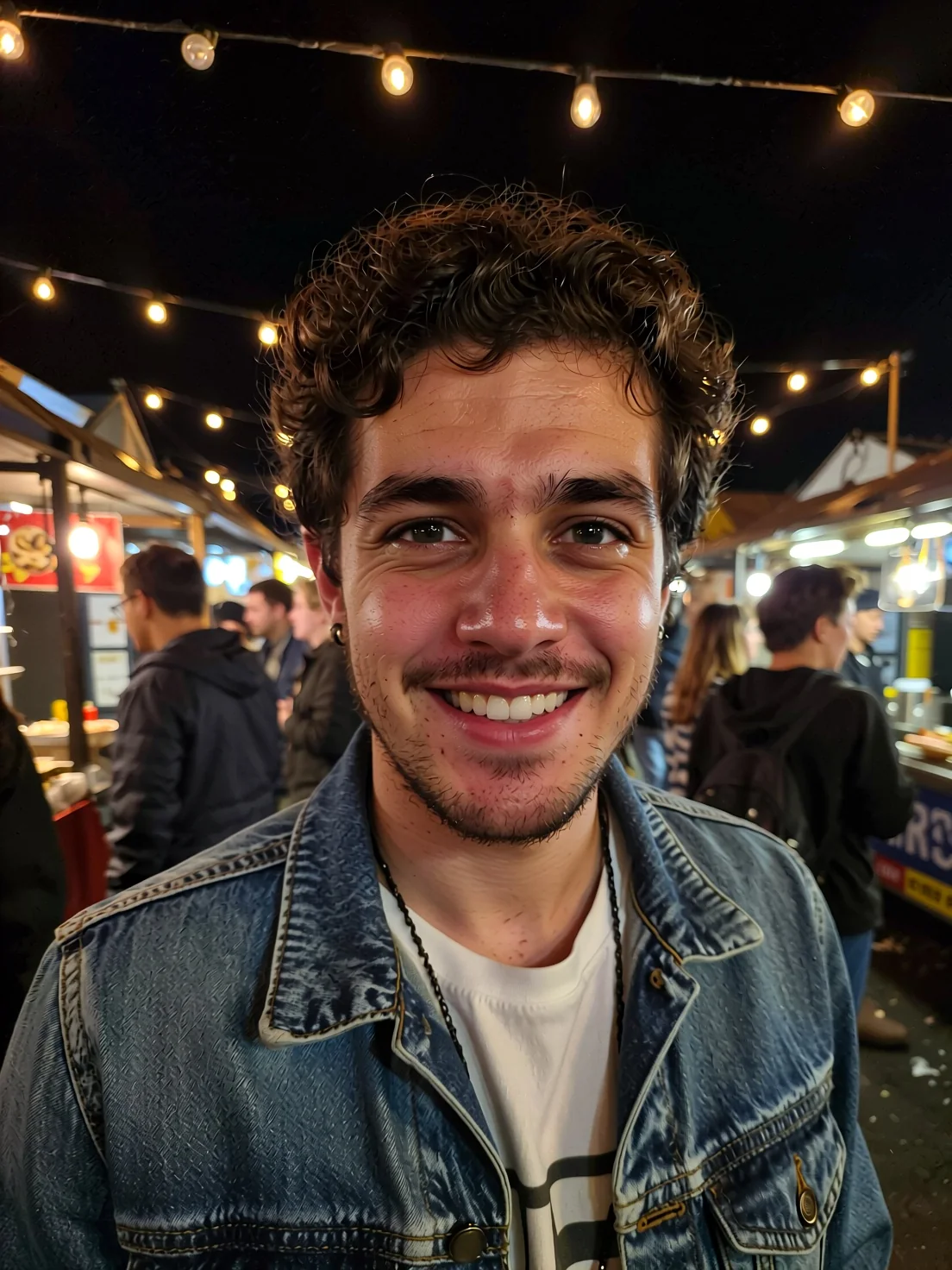 Foto fotorrealista espontânea, com flash de celular, de um homem adulto de cabelo escuro cacheado e barba curta, com jaqueta jeans, sorrindo em um mercado noturno cheio, com luzes penduradas.