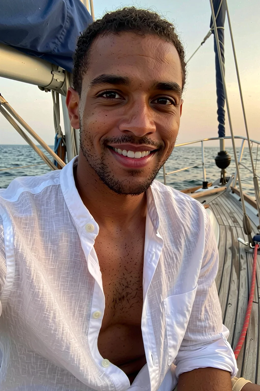 Retrato fechado fotorrealista de um homem adulto de barba aparada e sorriso caloroso, com camisa de linho branca aberta, no convés de um veleiro na hora dourada.