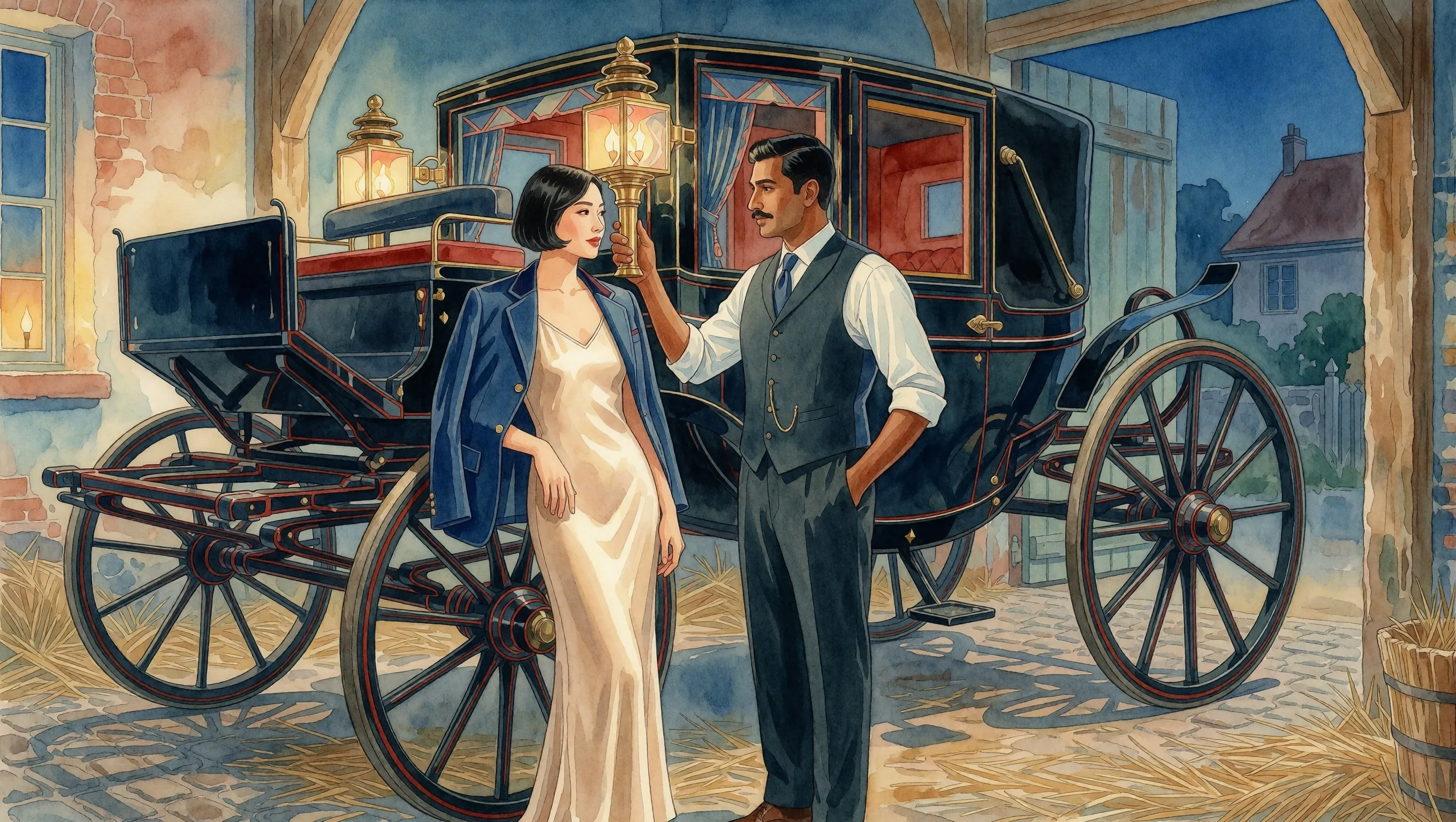 Illustrazione ad acquerello in stile Art Déco di una donna in un abito champagne e di un uomo in gilet accanto a una carrozza nera con lampade d'ottone