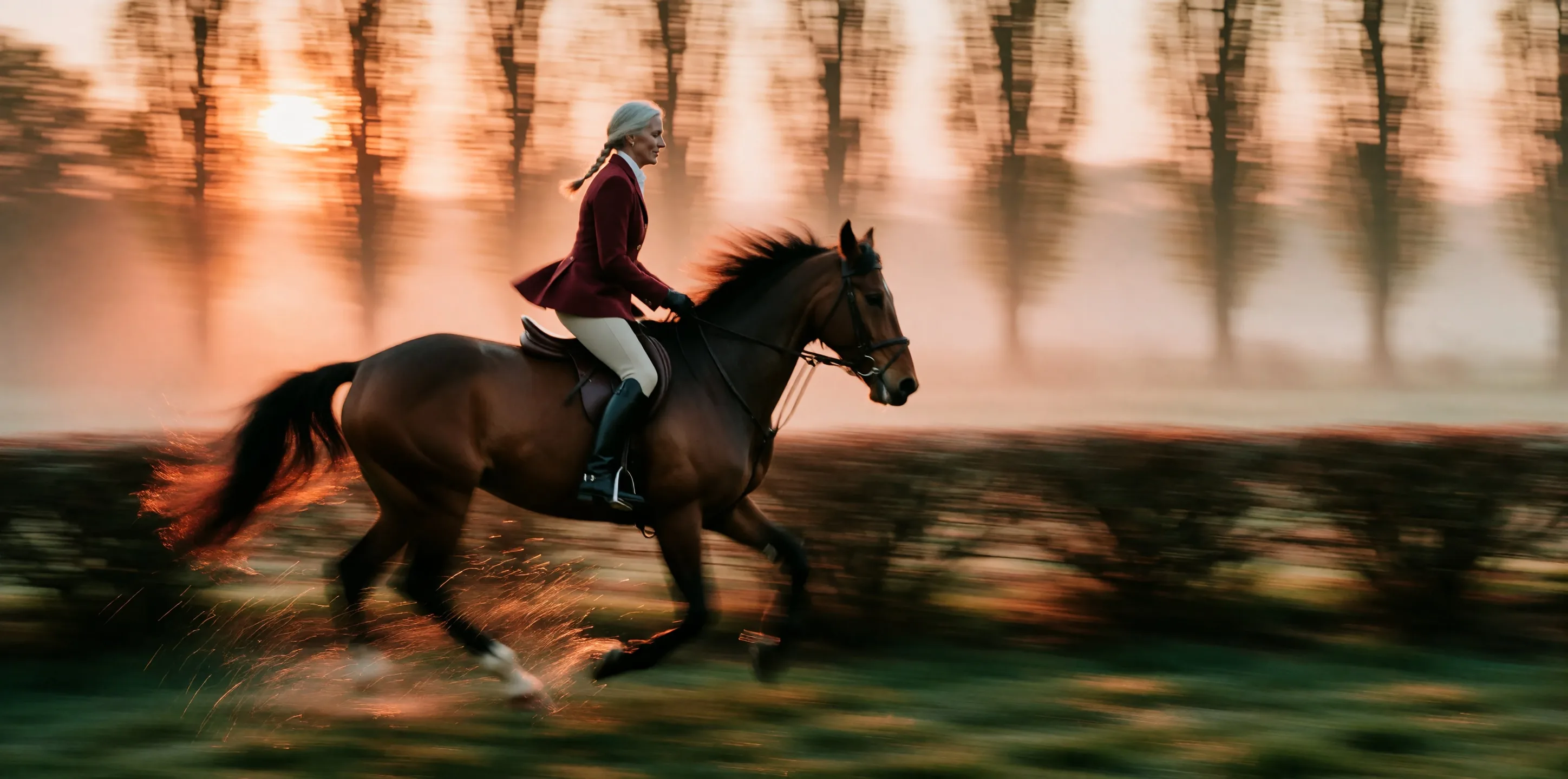 Fotografia mossa di una donna con una treccia biondo argento e una giacca da caccia bordeaux che galoppa su un cavallo baio lungo una siepe nella foschia all’alba