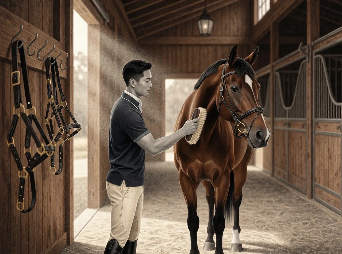 Illustrazione puntinata color seppia di un uomo in polo e pantaloni da equitazione che striglia un cavallo baio nel corridoio di una stalla di legno