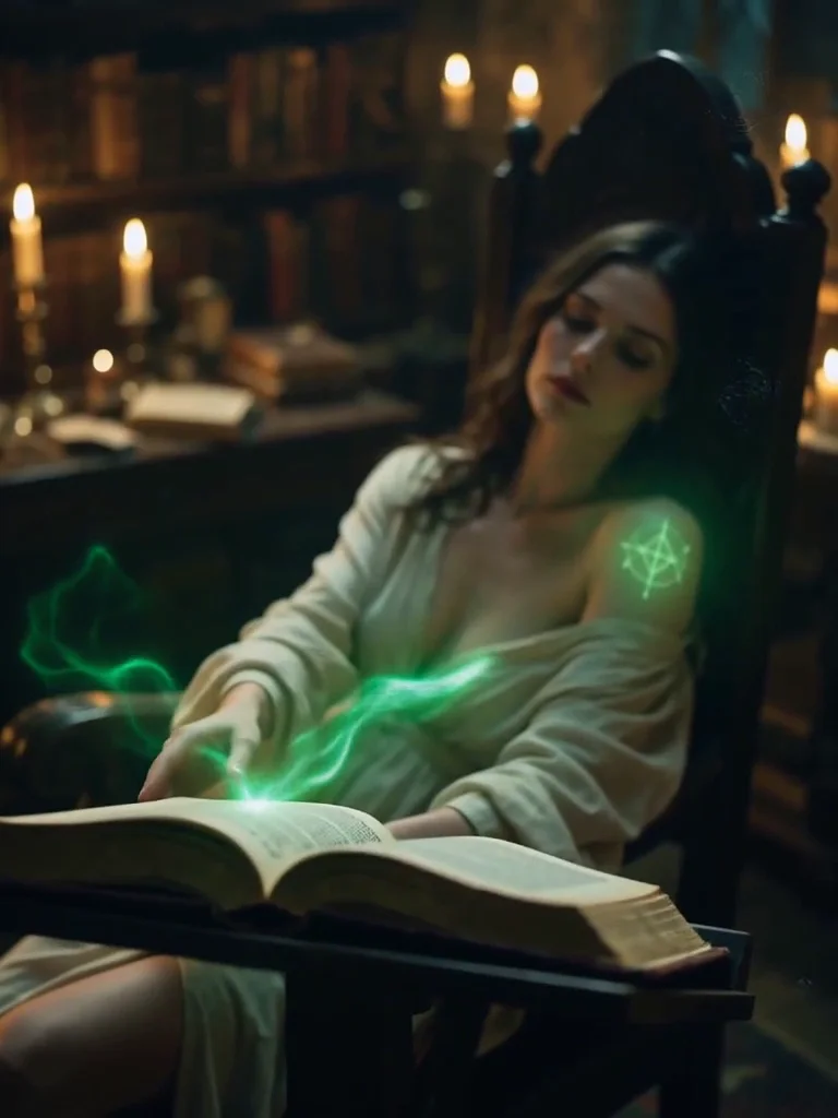 A witch reclining in a high-backed chair by candlelight, her robe slipping to the elbow as she turns the page of an open grimoire