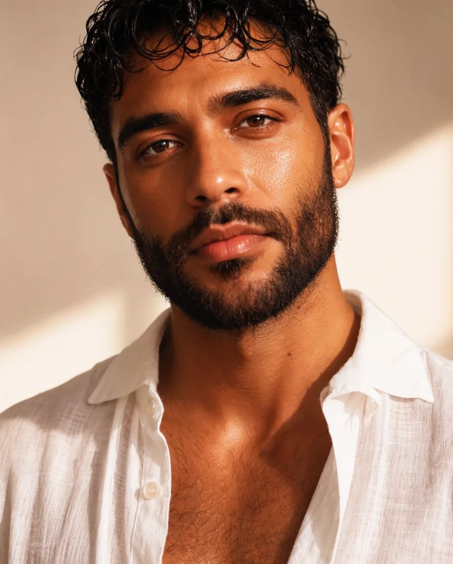 A close editorial portrait of a man in his thirties with warm brown skin, a short groomed beard and damp curls, in a loose white linen shirt, lit by soft window light against a warm neutral background