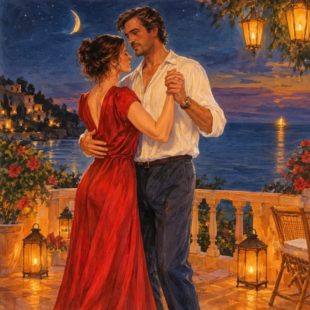 A gouache painting of a couple slow dancing on a lantern-lit terrace by the sea at night, she in a red silk dress, he in a white linen shirt, under a crescent moon