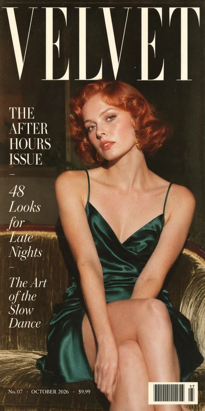 A vintage-style fashion magazine cover with the masthead VELVET, a red-haired woman in an emerald satin dress seated on a velvet chaise, three cover lines on the left and a price line with a barcode at the bottom