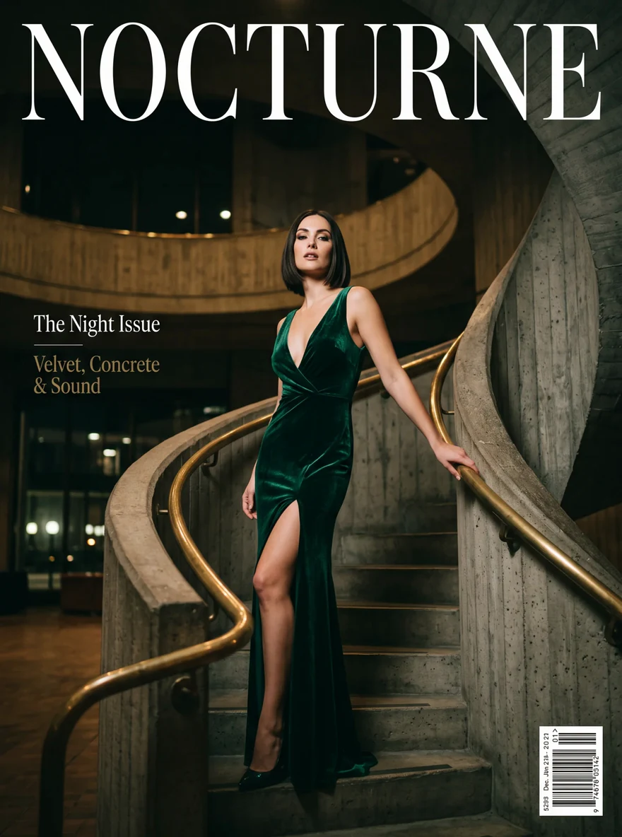 Una copertina di rivista intitolata NOCTURNE con una donna in abito di velluto smeraldo scollato su una scala di cemento curva con corrimano in ottone
