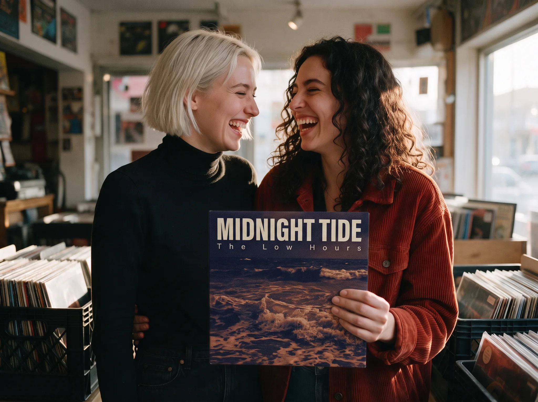 Due donne che ridono in un negozio di dischi tengono una custodia di album intitolata MIDNIGHT TIDE di The Low Hours, con una foto di oceano in duotone blu