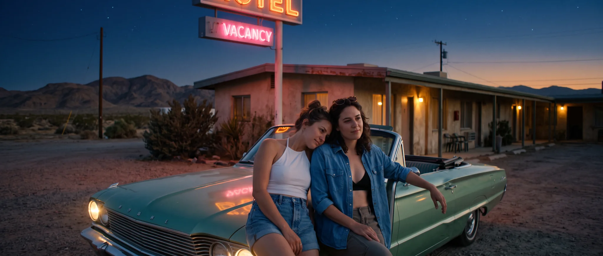Due donne sedute vicine in una decappottabile verde menta sotto un’insegna al neon rosa VACANCY di un motel nel deserto all’ora blu