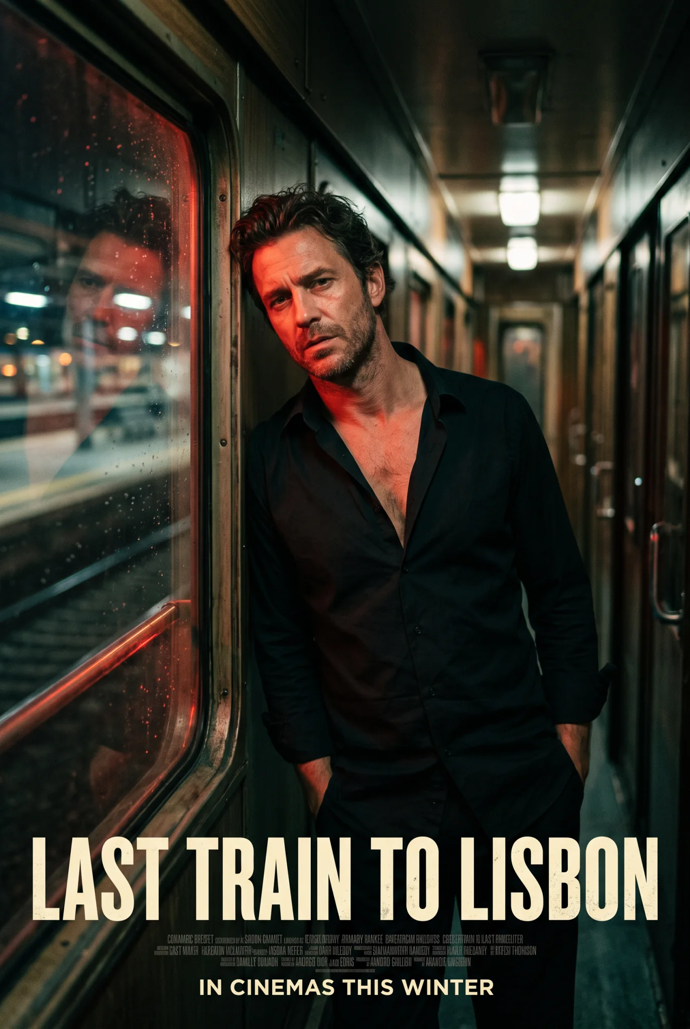 Una locandina di film intitolata LAST TRAIN TO LISBON con un uomo in camicia nera aperta appoggiato nel corridoio di un treno notturno sotto luce rossa
