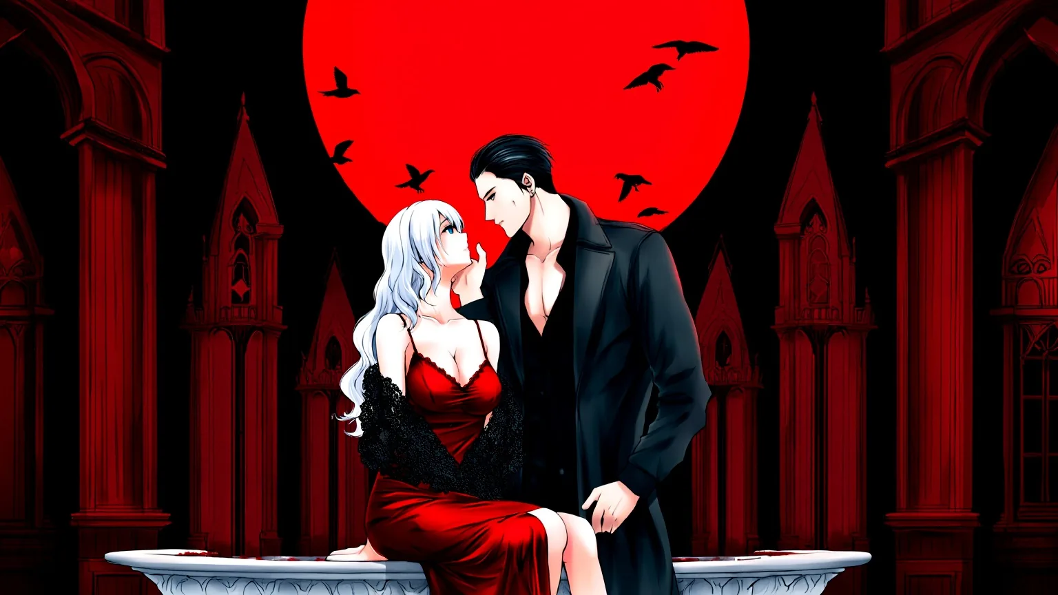 Ilustracja anime: dorosła para w gotyckim krużganku pod ogromnym czerwonym księżycem: ona ma długie platynowe włosy, karmazynową halkę i czarny koronkowy szal i siedzi na brzegu fontanny, on w czarnej koszuli z otwartym kołnierzem i długim płaszczu unosi jej podbródek.