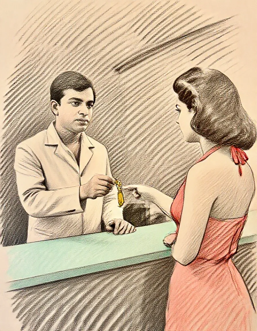 Schizzo a matita colorata di un concierge d’albergo in giacca color crema che porge una chiave di ottone sul bancone verde menta a una donna in abito con scollo all’americana color corallo
