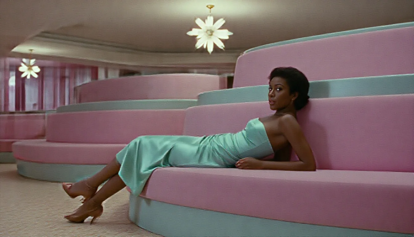Fotografia dal look cinematografico di una donna nera in un abito attillato di raso verde menta, distesa su una panca curva di velluto rosa in una hall d’albergo pastello degli anni Sessanta sotto un lampadario a raggiera