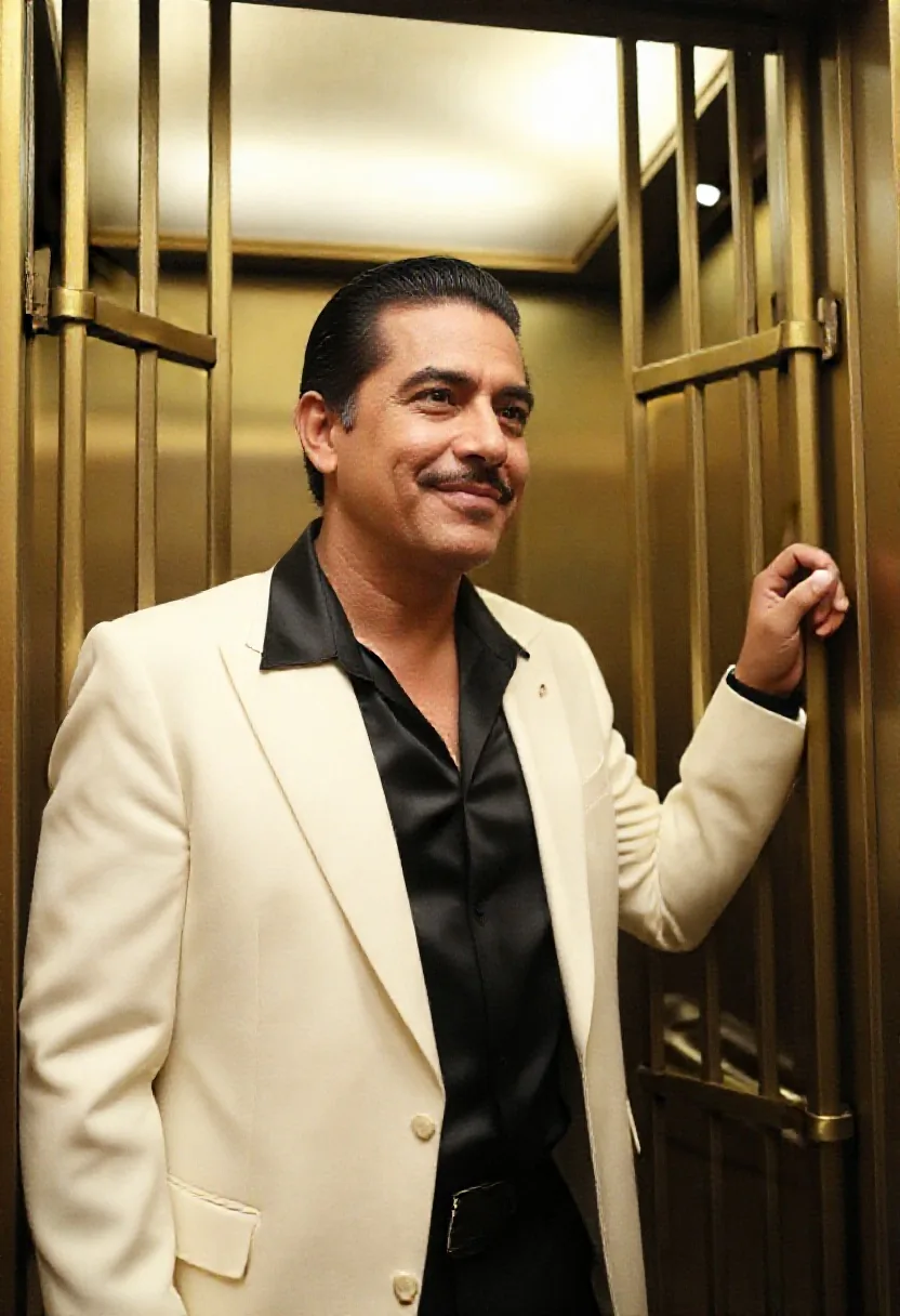 Fotografia di un uomo con i capelli pettinati all’indietro e baffi sottili, in smoking color crema e camicia di seta nera aperta, con una mano sul cancello di ottone di un ascensore a gabbia