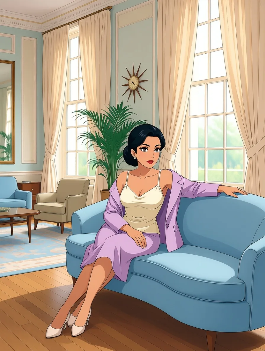 Illustrazione anime di una donna con uno chignon nero, in una canottiera avorio e una giacca lilla che scivola da una spalla, distesa su un divano curvo azzurro polvere in un salotto degli anni Sessanta