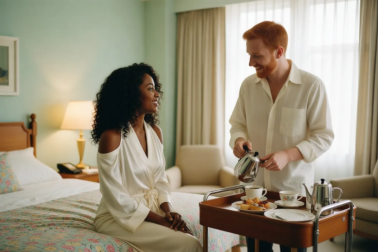 Fotografia di una donna dai capelli ricci e di un uomo barbuto dai capelli rossi in camicia di lino che versa caffè da un carrello del room service in una camera d'hotel