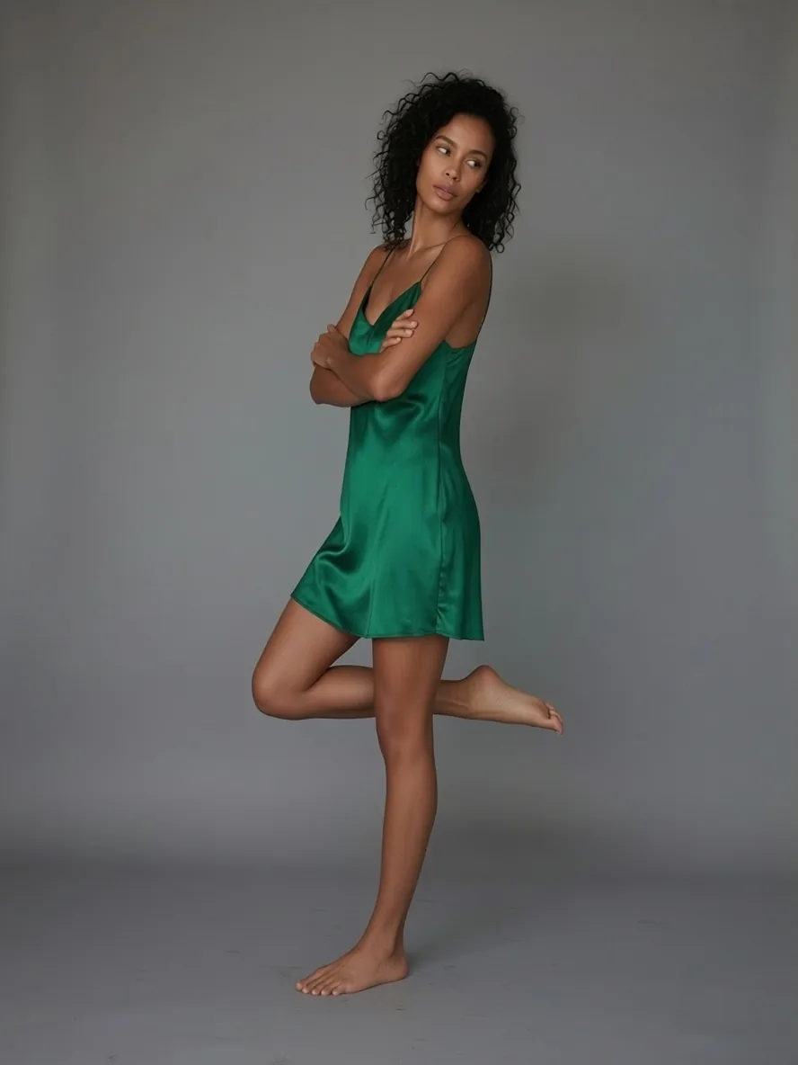 A woman in a short emerald satin dress leaning back on one leg with her arms crossed in front of a grey studio backdrop