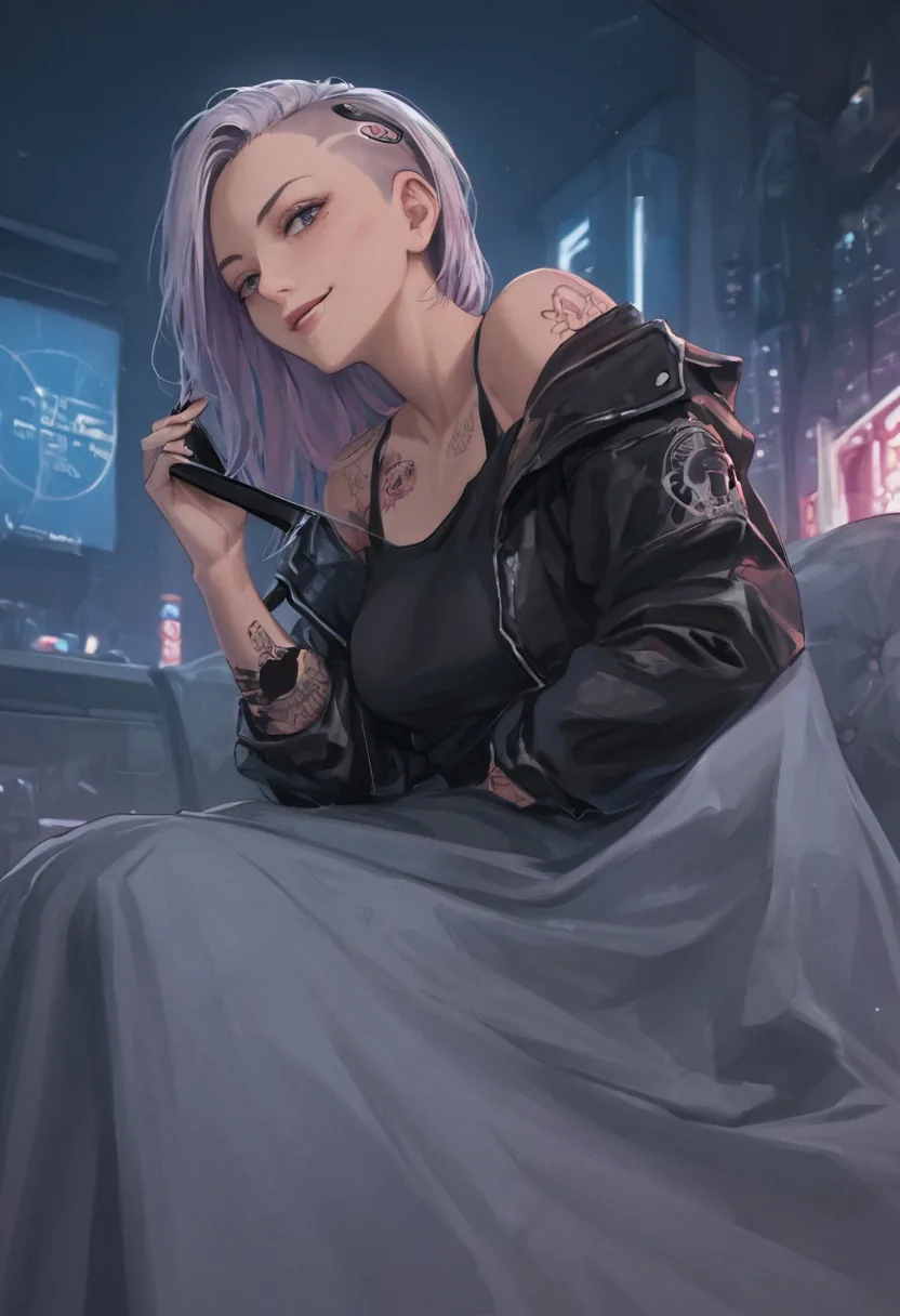 Ilustracja anime: dorosła tatuażystka z lawendowym undercutem, zmarszczkami mimicznymi i krótką czarną skórzaną kurtką zsuniętą z jednego ramienia trzyma maszynkę do tatuażu w ciemnym studiu.