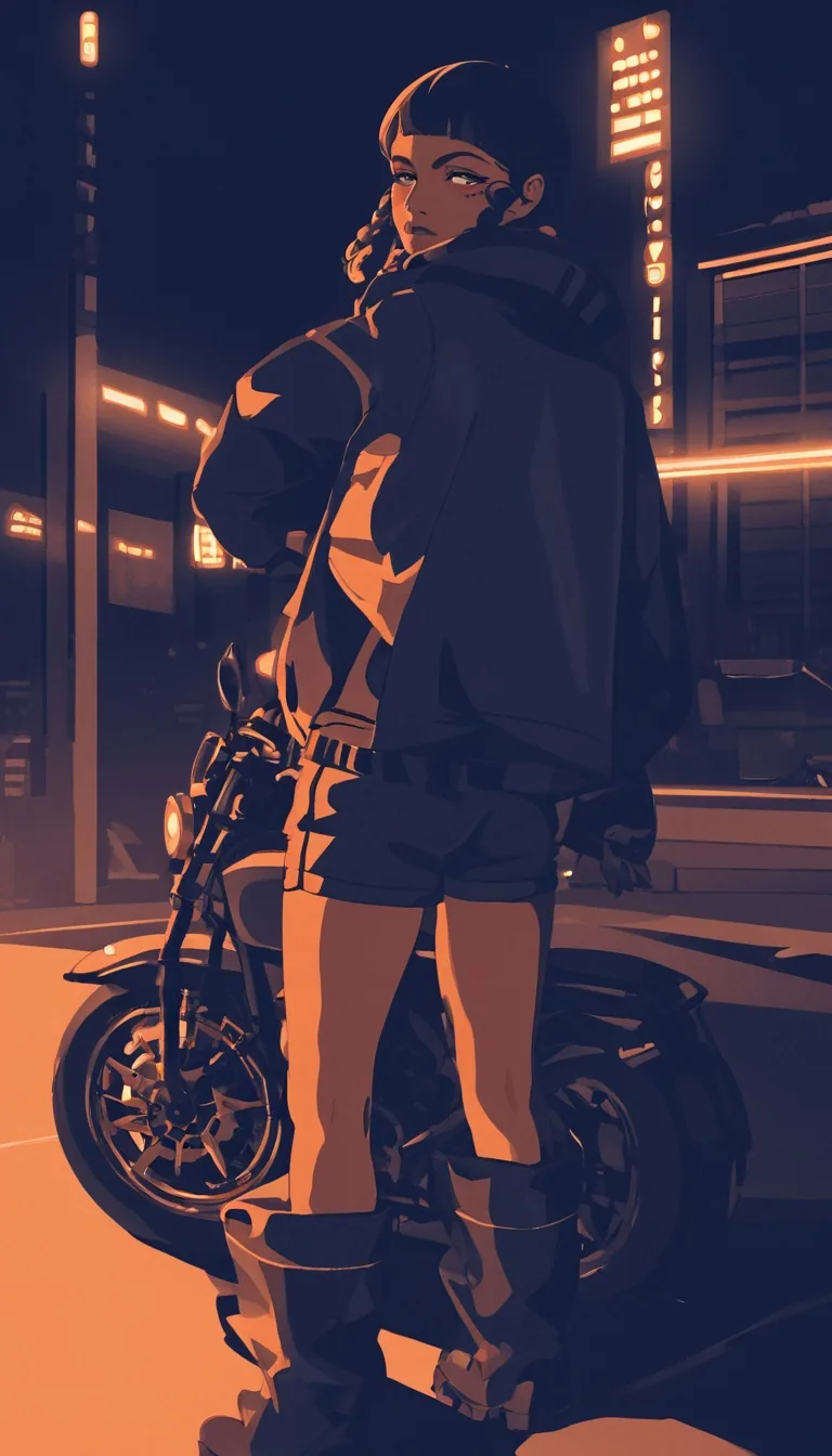 Płaska wektorowa ilustracja anime: dorosła kurierka z warkoczykami w za dużej kurtce bomber, szortach z wysokim stanem i kozakach do kolan zerka przez ramię obok motocykla w pomarańczowo oświetlonym tunelu.