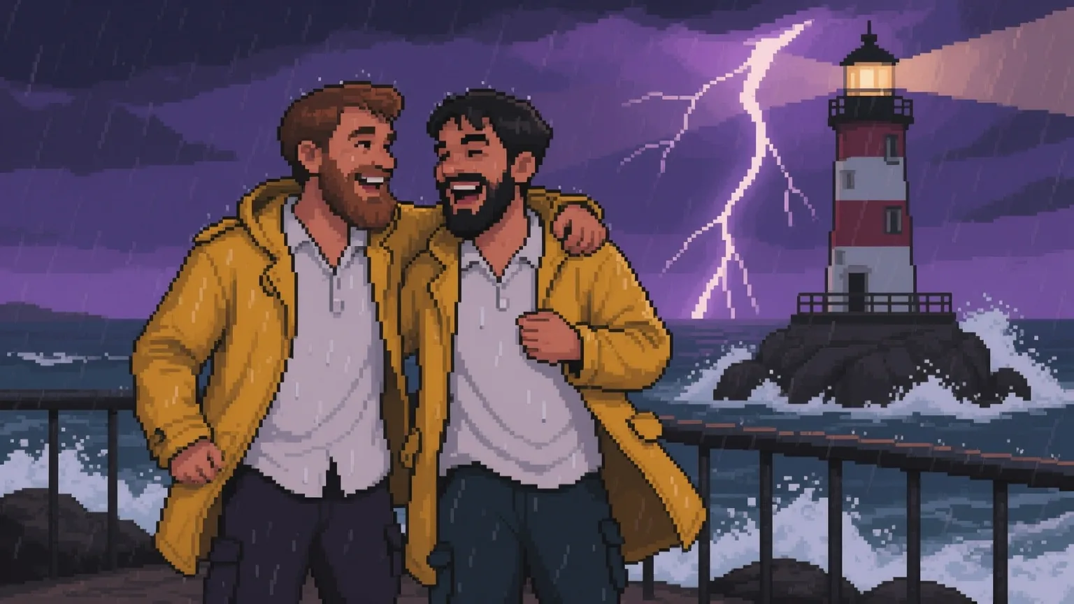 Scena w stylu pixel art: dwóch brodatych mężczyzn w żółtych płaszczach sztormowych śmieje się przy barierce podczas burzy, za nimi pasiasta latarnia morska i fioletowa błyskawica