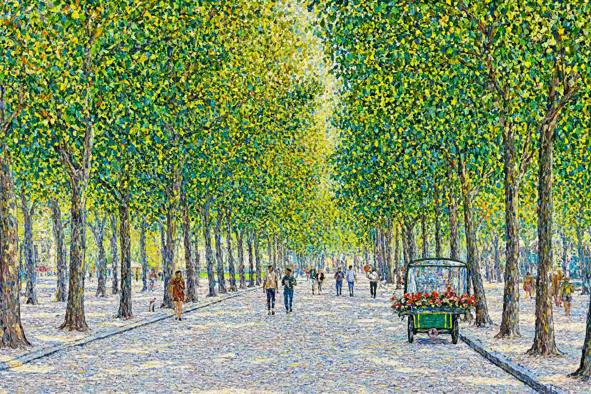 Un dipinto puntinista di un boulevard alberato in un pomeriggio luminoso, persone che camminano sotto i platani e un carretto di fiori sul bordo della strada, costruito da punti densi di colore puro