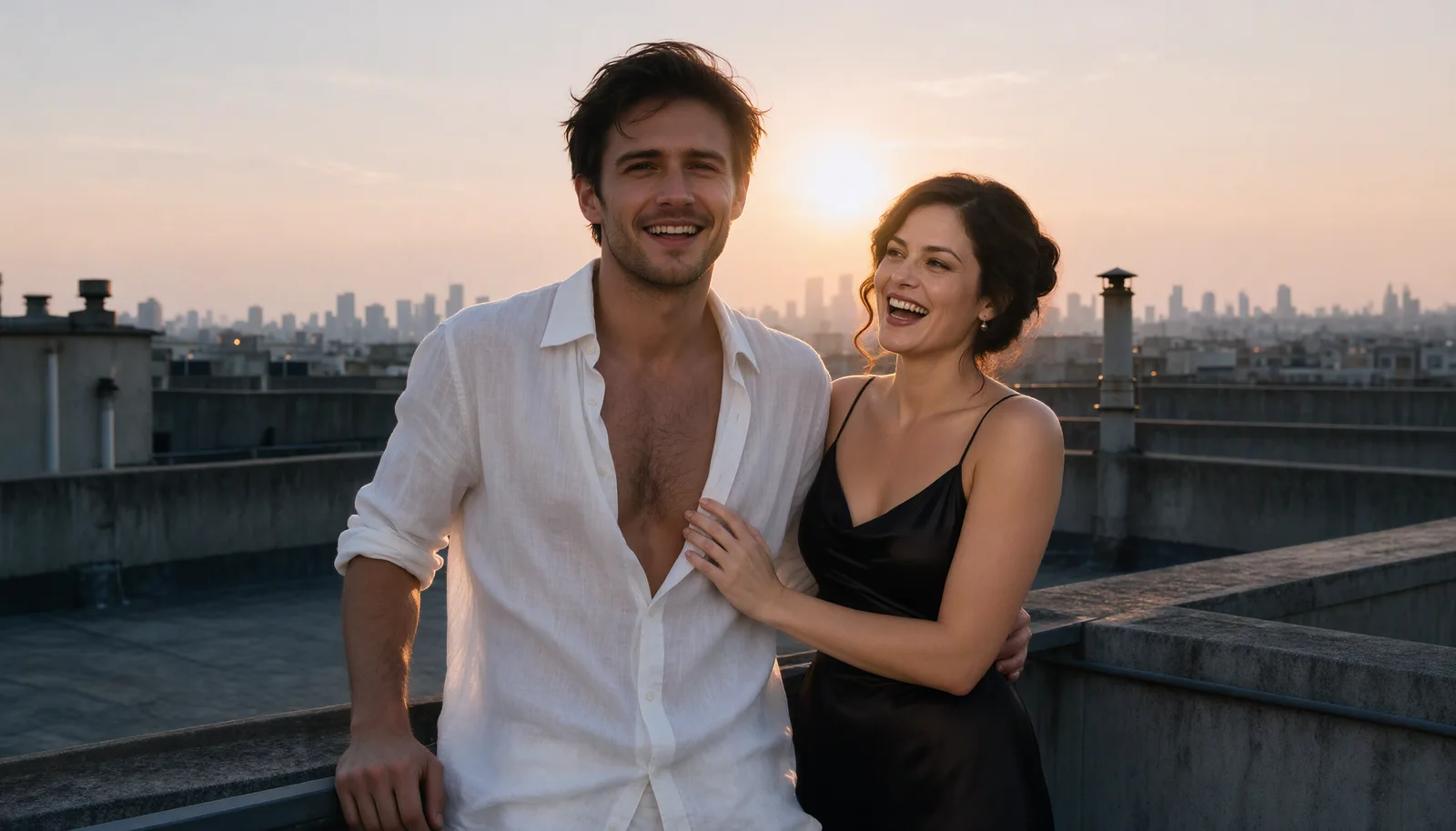 Un uomo con la camicia bianca aperta e una donna con una sottoveste di raso nero ridono fianco a fianco su un tetto in città al tramonto
