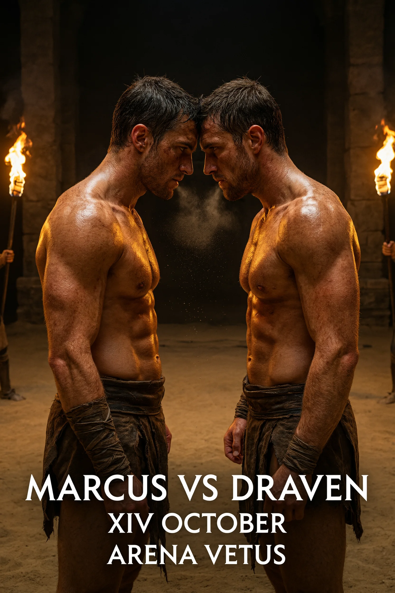 Poster di un duello tra gladiatori con tre righe di testo pulite