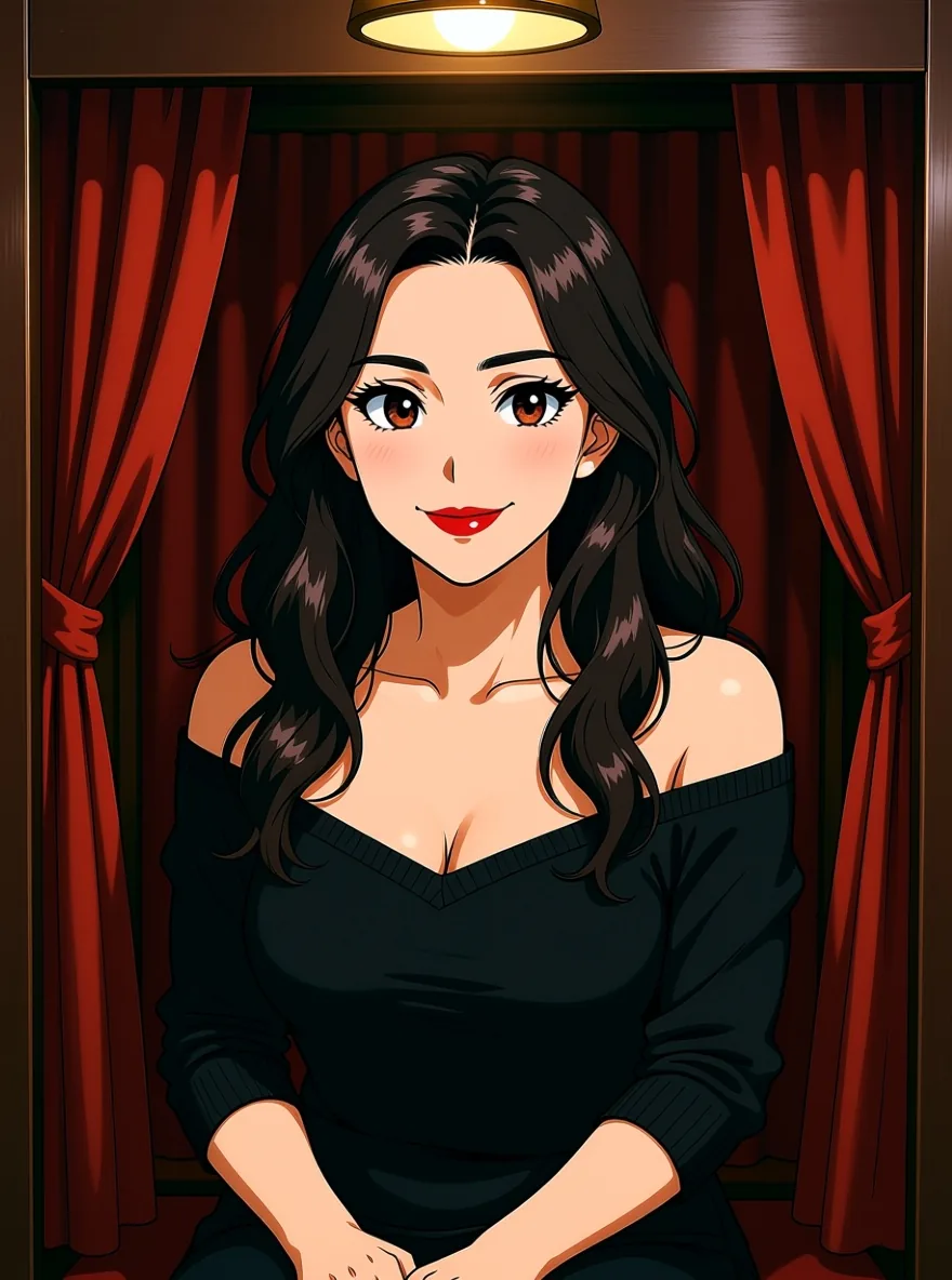 Ilustracja w stylu anime: kobieta z długimi ciemnymi falami włosów, czerwoną szminką i czarnym topem z odsłoniętymi ramionami siedzi w fotobudce z czerwonymi kurtynami
